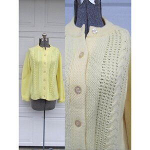 1960s pastel yellow cardigan sweater, cable knit, acrylic, M/L